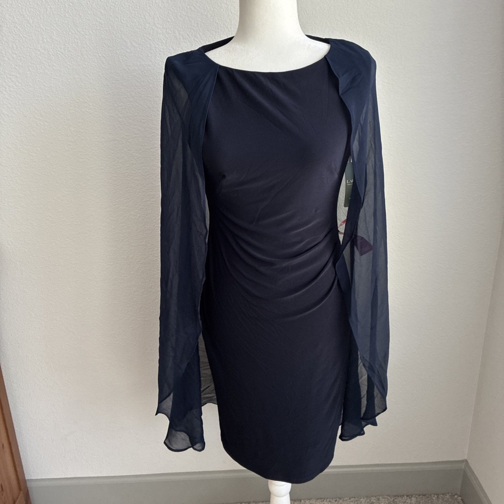 Lauren Ralph Lauren Cape Georgette Cocktail Mini Dress Navy Blue Size 2 Formal